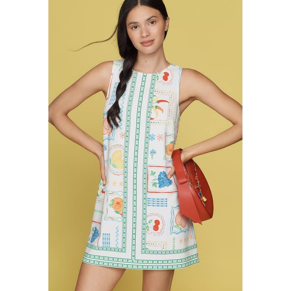 Maeve Sleeveless Mini Shift Dress White Green Fruit Vegetable Postcard Print XS